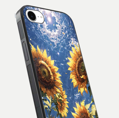 Heavenly Sunflower Rise Glass Case for iPhone 16e close-up angled shot showing sunflower texture and reflection polish