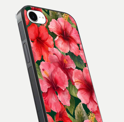 Hibiscus Pattern Glass Case for iPhone 16e close-up angled shot showing flower details and gloss reflection