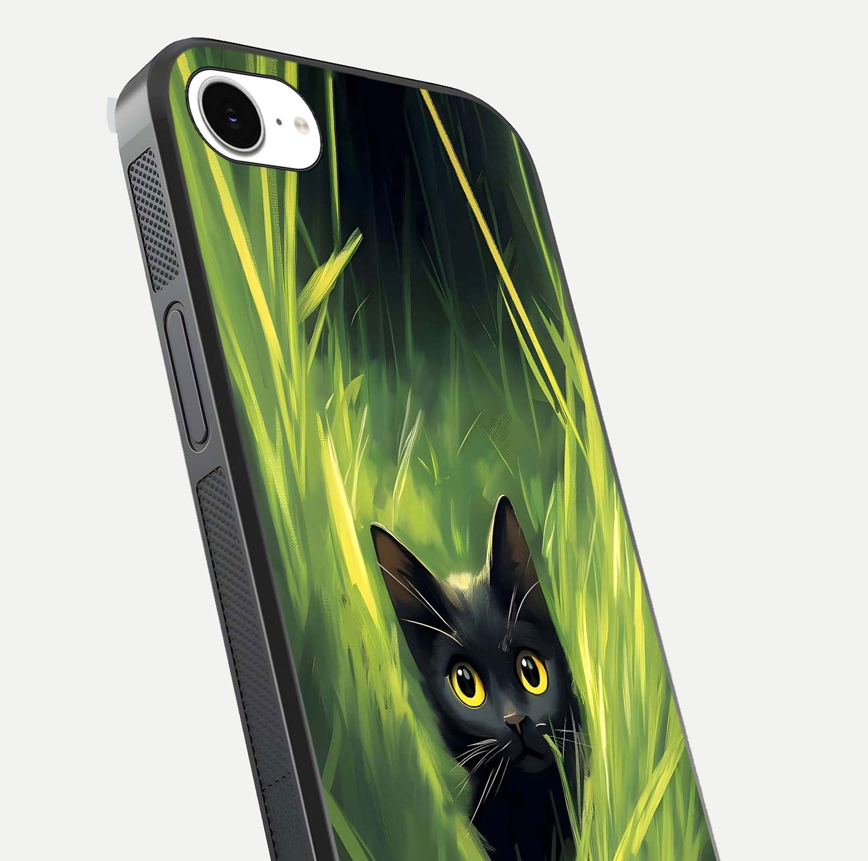 Hidden Cat Whisper Glass Case for iPhone 16e close-up angled shot showing feline details and reflection polish