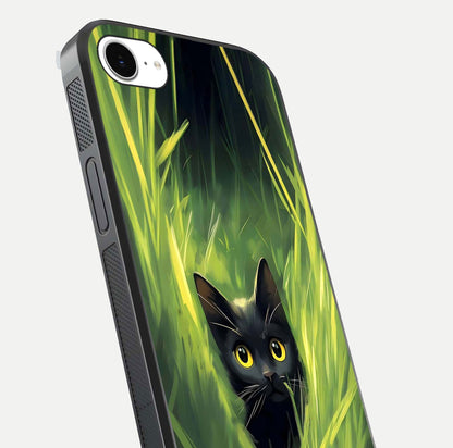 Hidden Cat Whisper Glass Case for iPhone 16e close-up angled shot showing feline details and reflection polish