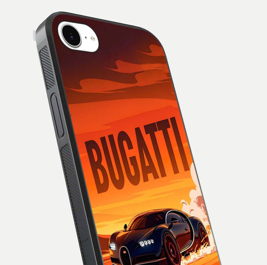 Inferno Bugatti Storm Glass Case for iPhone 16e close-up angled shot showing flame details and reflection shine