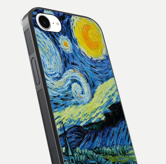 Inspired Van Gogh Art Glass Case for iPhone 16e close-up angled shot showing brushstroke texture and shine detail