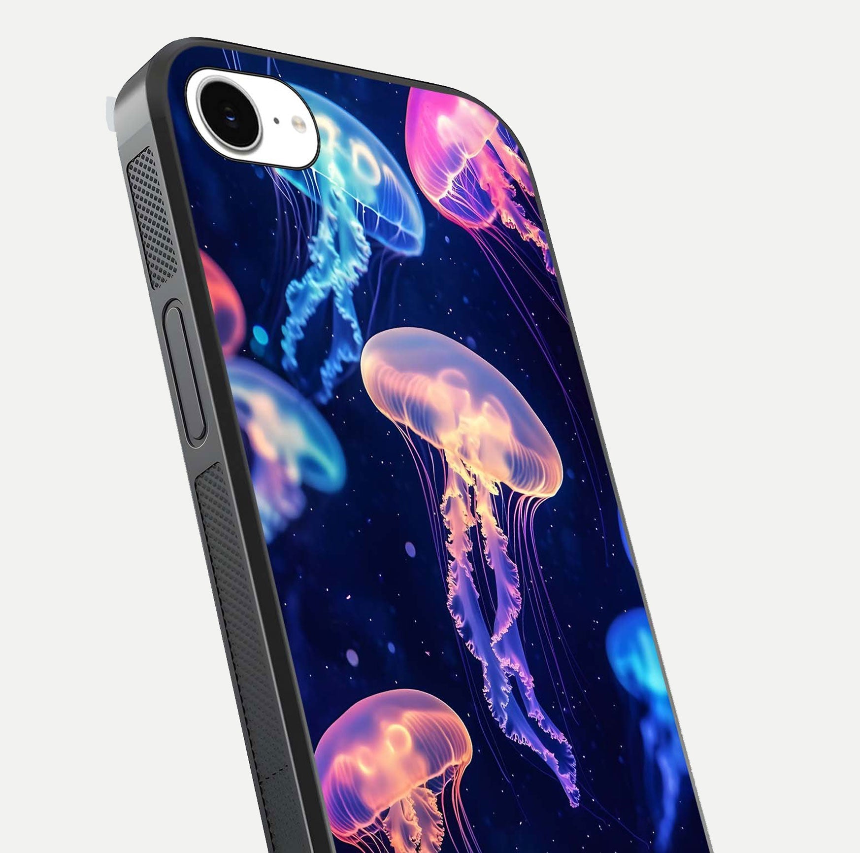 Jellyfish Pattern Glass Case for iPhone 16e close-up angled shot showing translucent tentacles and light reflection