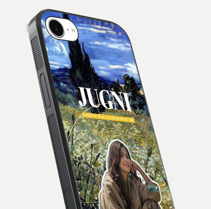 Jugni Soul Vibes Glass Case for iPhone 16e close-up angled shot showing typography detail and vibrant gloss reflection