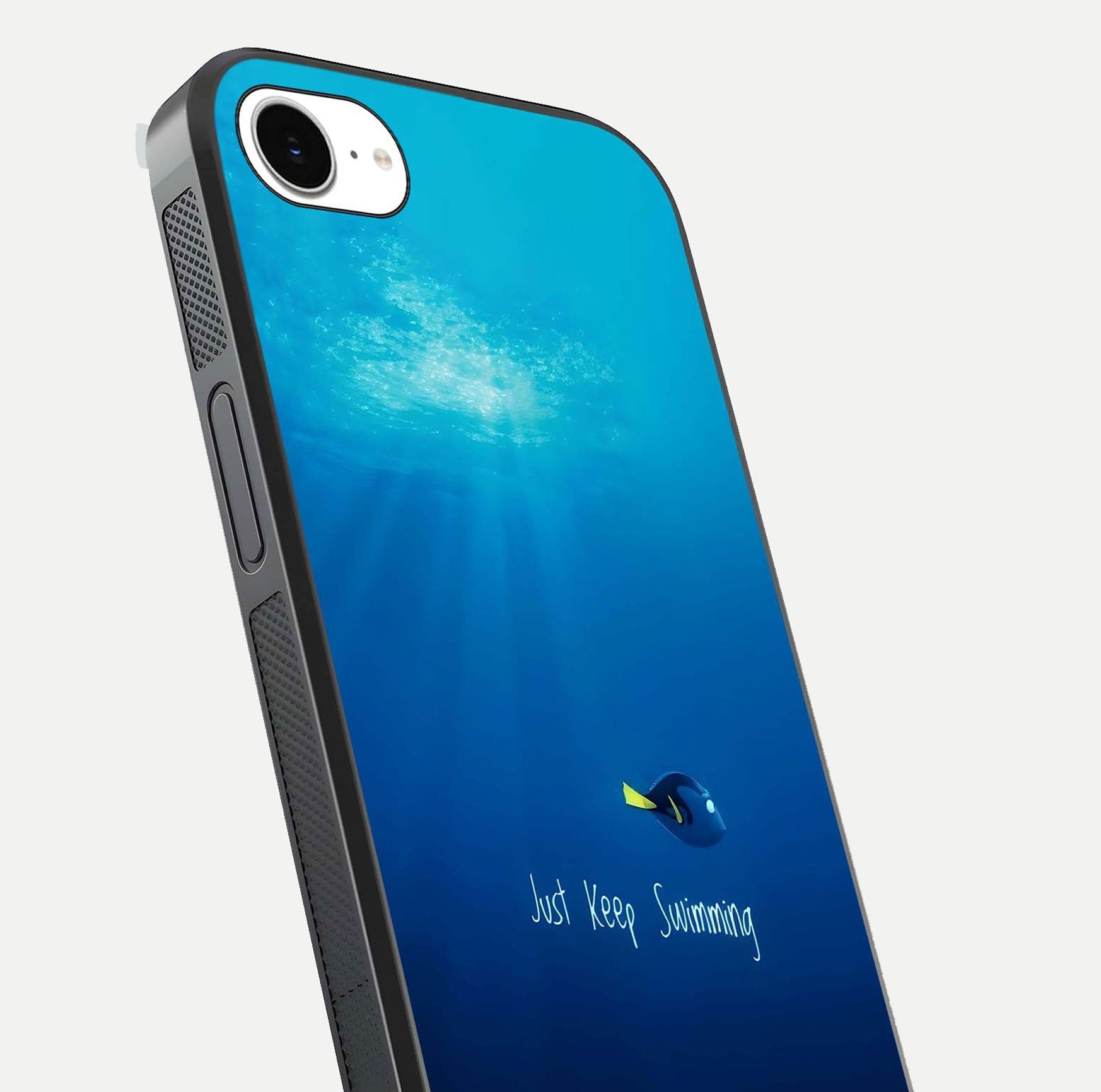 Just Keep Swimming Glass Case for iPhone 16e close-up angled shot showing elegant lettering and blue tone reflection