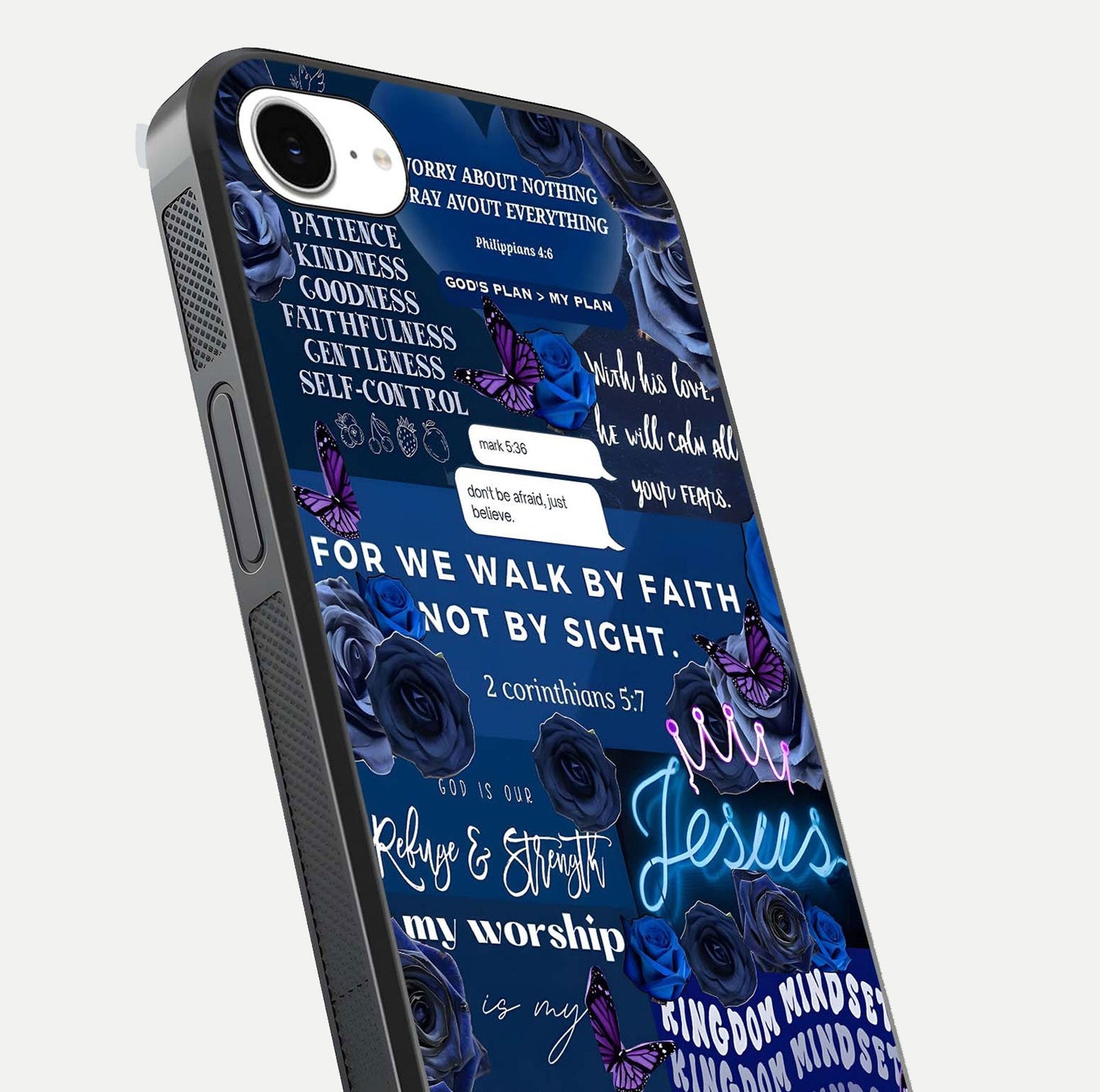 Kingdom Faith Glow Glass Case for iPhone 16e close-up angled shot showing luminous text and divine reflection