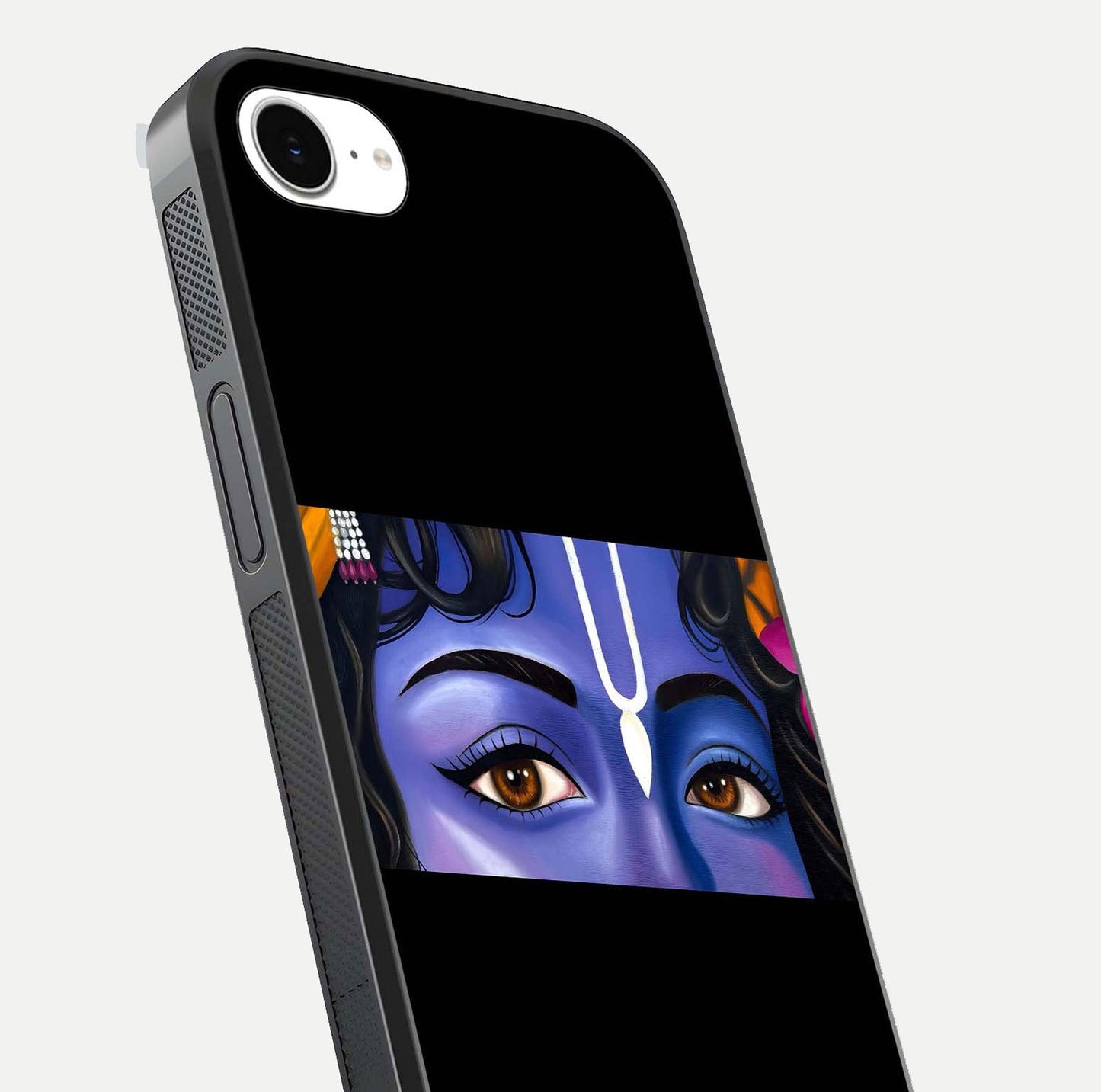 Krishna Eye Glass Case for iPhone 16e close-up angled shot showing intricate artwork and reflection shine