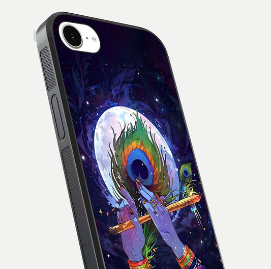 Krishna Hands Art Glass Case for iPhone 16e close-up angled shot showing detailed hand design and shine