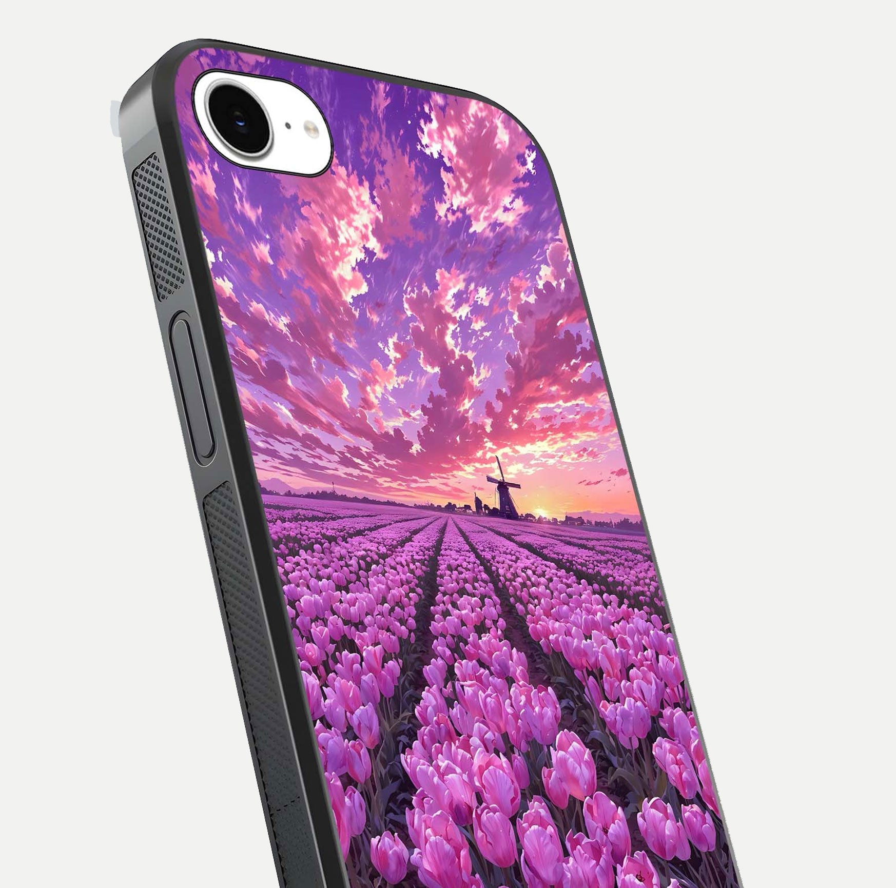 Lavender Dream Skies Glass Case for iPhone 16e close-up angled shot showing purple hues and soft reflection