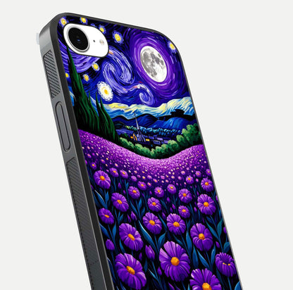 Lavender Moon Field Glass Case for iPhone 16e close-up angled shot showing moon glow and purple detailing
