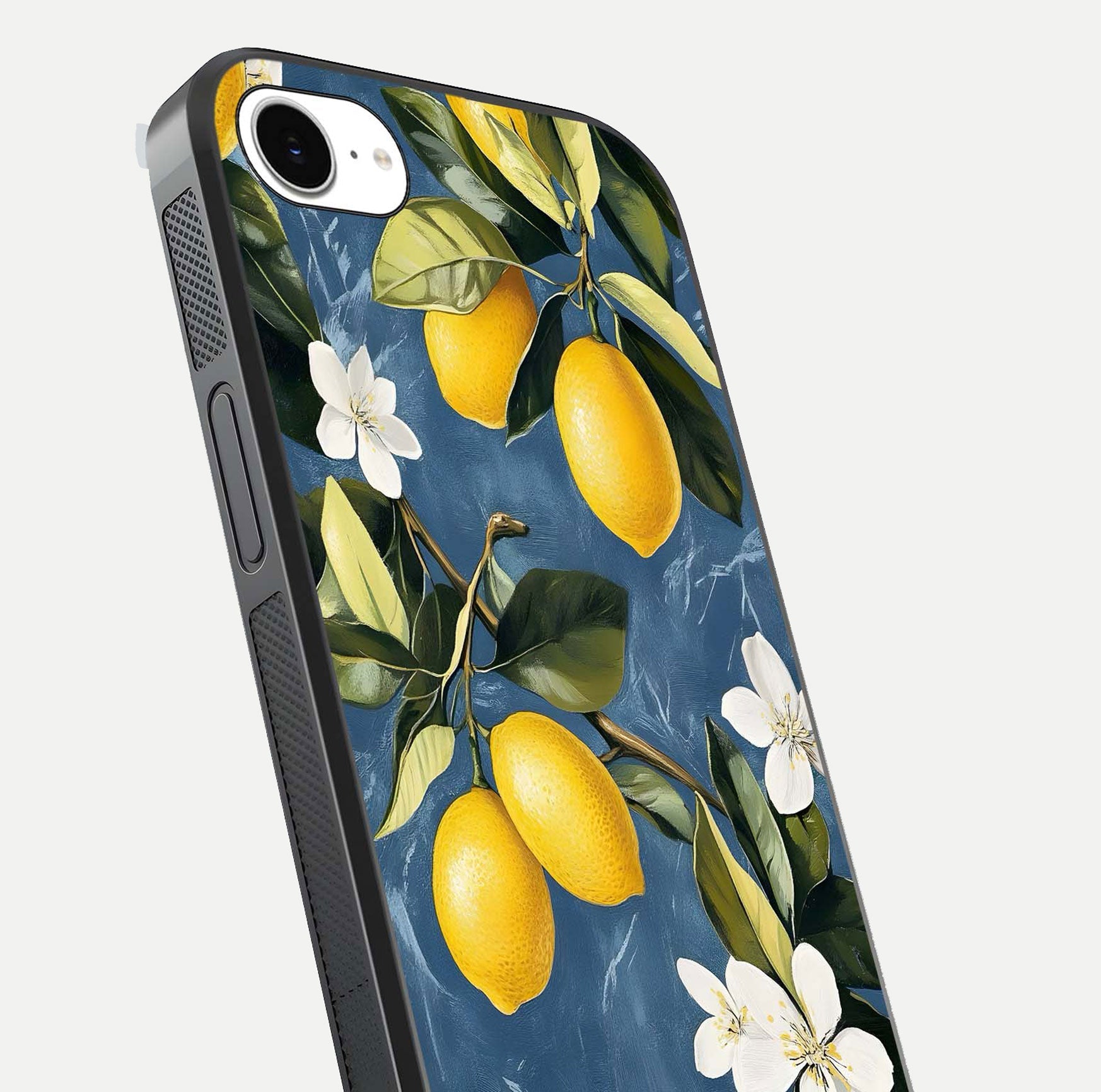 Lemon Dream Garden Glass Case for iPhone 16e close-up angled shot showing fruit details and shine reflection