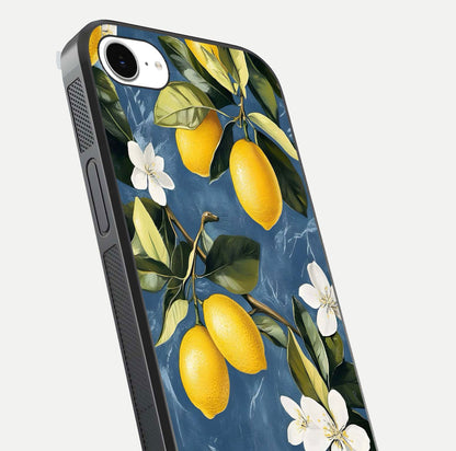 Lemon Dream Garden Glass Case for iPhone 16e close-up angled shot showing fruit details and shine reflection