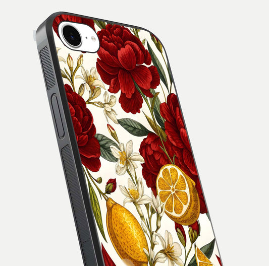 Lemon Rose Charm Glass Case for iPhone 16e angled close-up showing vivid rose details and HD glass reflection