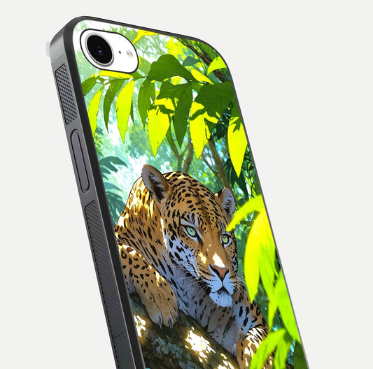 Leopard in Jungle Glass Case for iPhone 16e angled close-up showing fur texture and glossy shine reflection