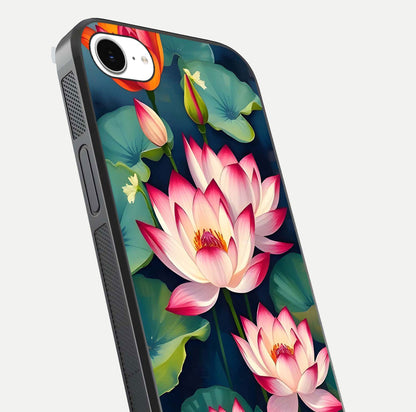 Lotus Dream Serenity Glass Case for iPhone 16e close-up angled shot showing floral details and soft shine