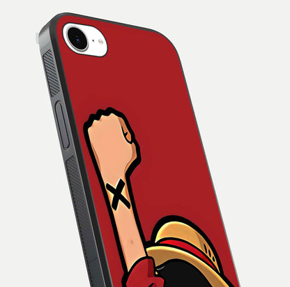 Luffy X Spirit Glass Case for iPhone 16e close-up angled shot showing character detailing and gloss texture