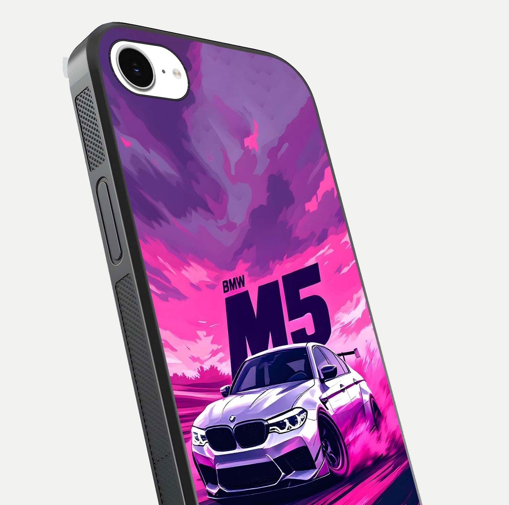 MS Neon Car Glass Case for iPhone 16e close-up angled shot showing vivid neon reflections and shine