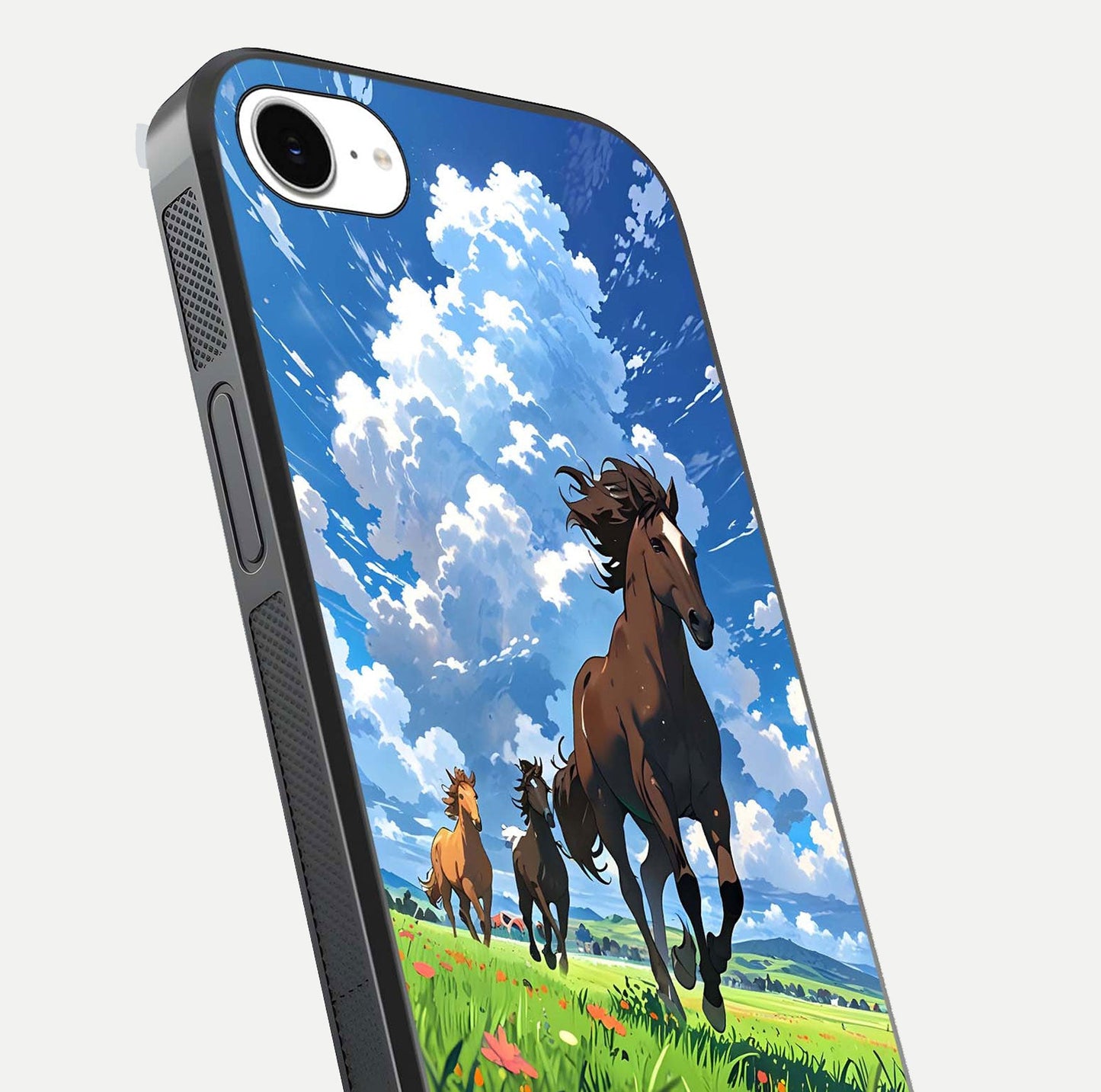 Majestic Horses Galloping Glass Case for iPhone 16e close-up angled shot showing horse motion and reflection