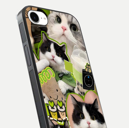 Matcha Cats Mood Glass Case for iPhone 16e close-up angled shot showing adorable cat art and reflection detail