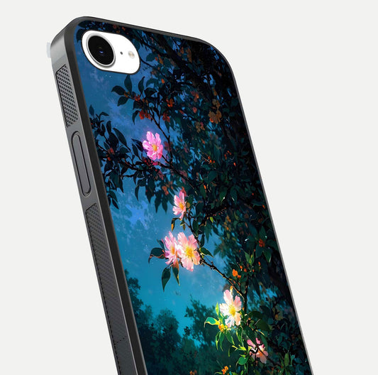 Midnight Bloom Glow Glass Case for iPhone 16e close-up angled shot showing petal highlights and glow reflection