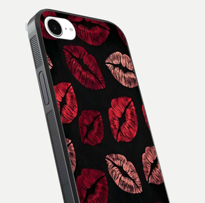 Midnight Kiss Love Glass Case for iPhone 16e close-up angle highlighting red accents and reflection shine