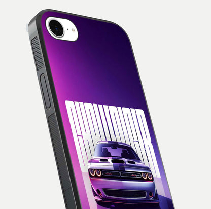 Midnight Muscle Ride Glass Case for iPhone 16e close-up angled shot showing HD reflections and car details