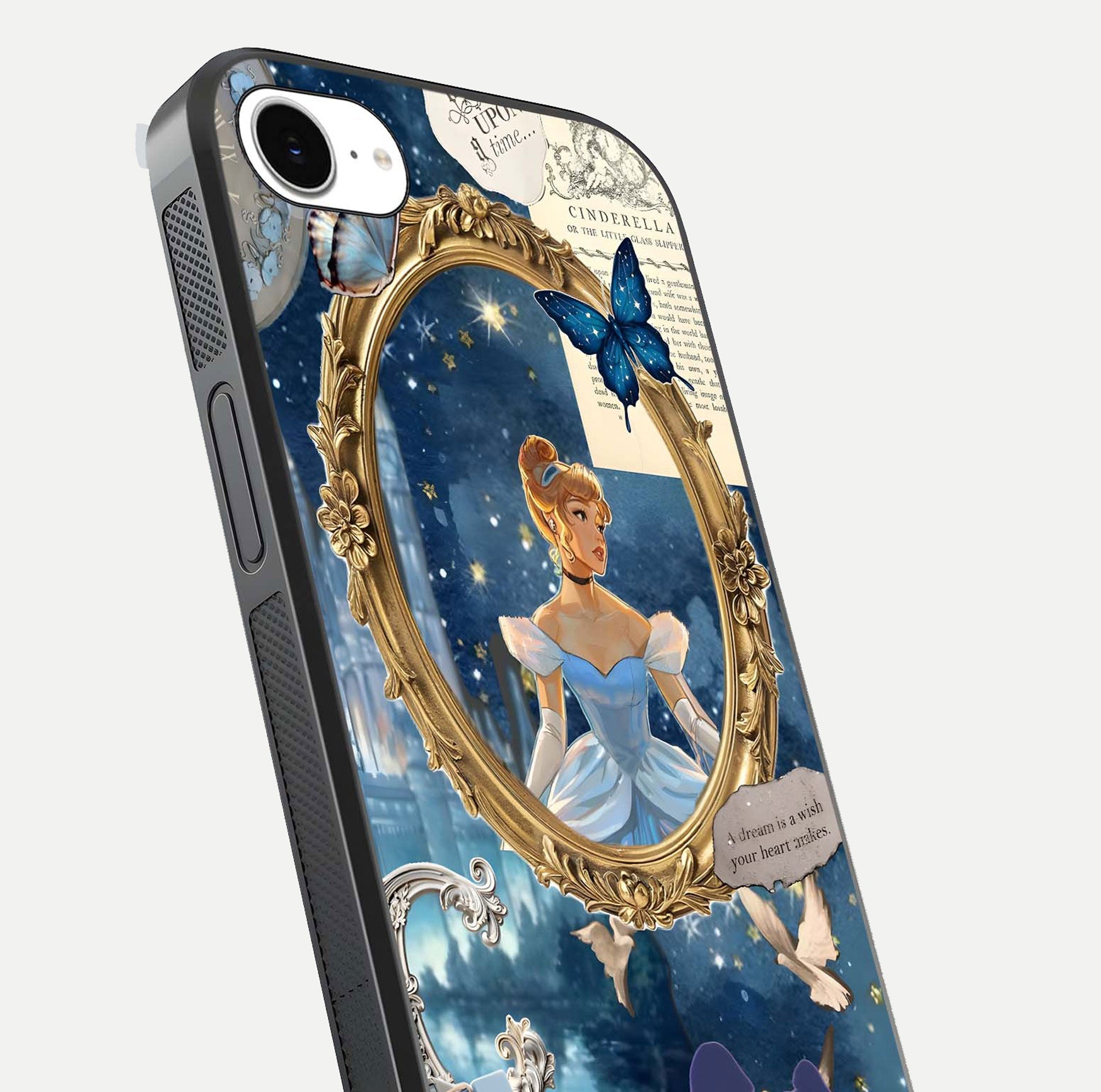 Midnight Queen Glass Case for iPhone 16e close-up angled shot featuring crown motif and gloss reflection