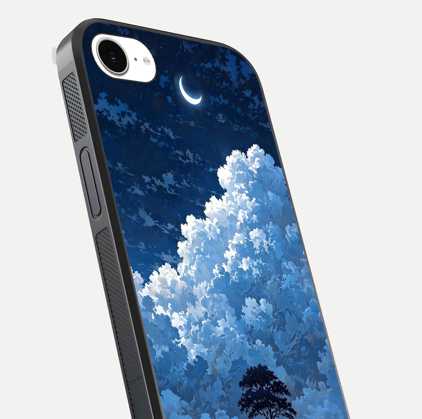 Midnight Sky Serenity Glass Case for iPhone 16e close-up angled shot showing starlit tones and reflection