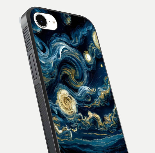 Midnight Sky Whirl Glass Case for iPhone 16e close-up angle showing spiral design and HD gloss reflection