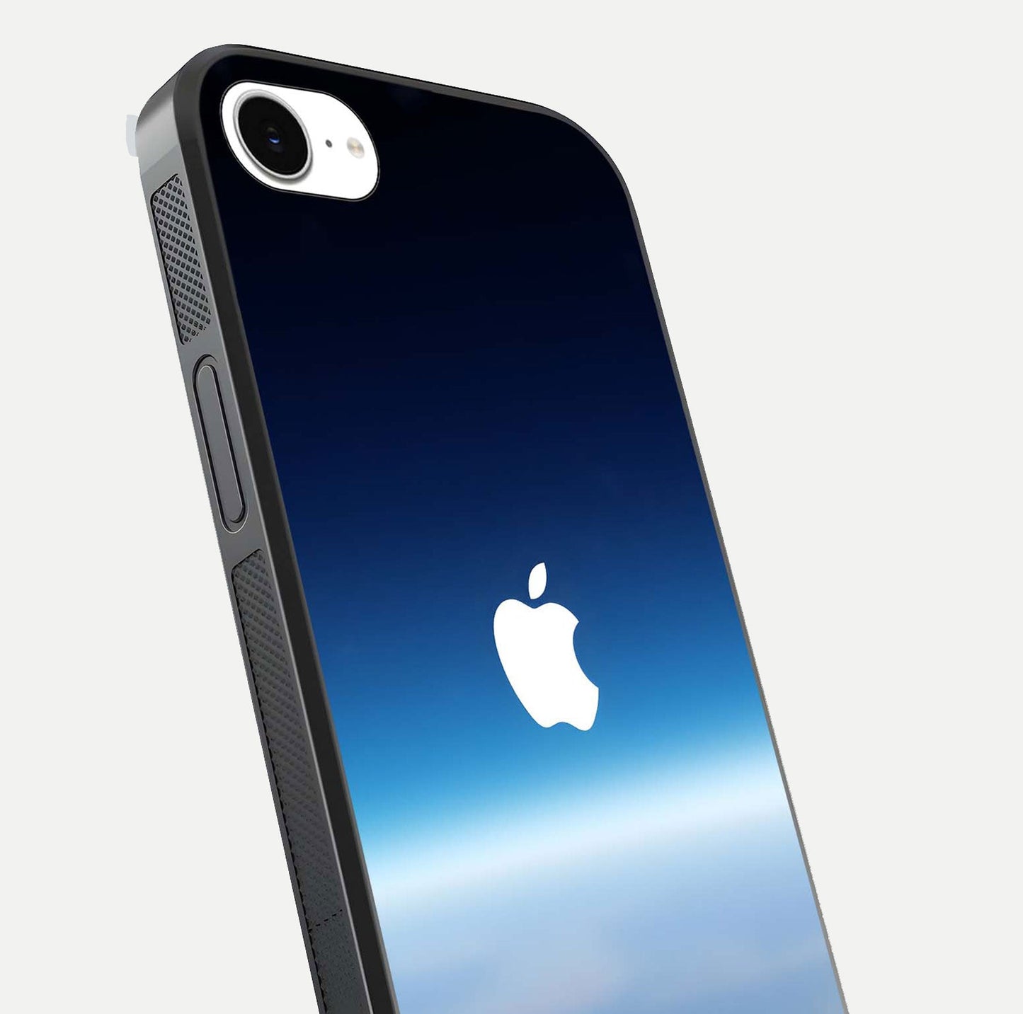Minimal Apple Sky Glass Case for iPhone 16e close-up angled shot showing pastel blue hues and reflection