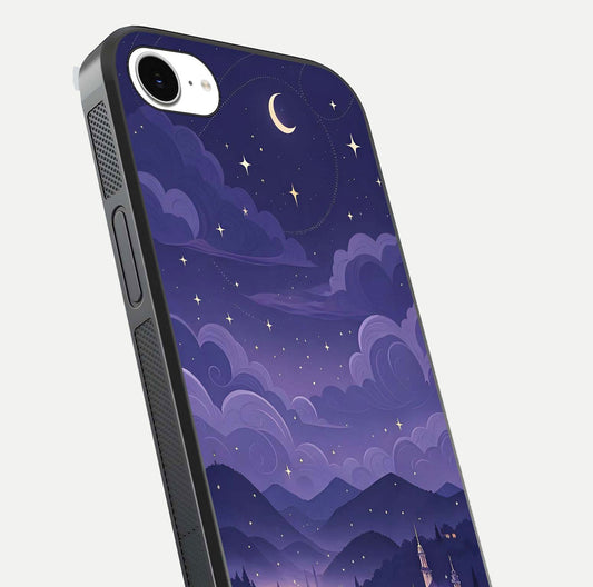 Minimal Night View Glass Case for iPhone 16e close-up angled shot showing lights reflection and dark tone details