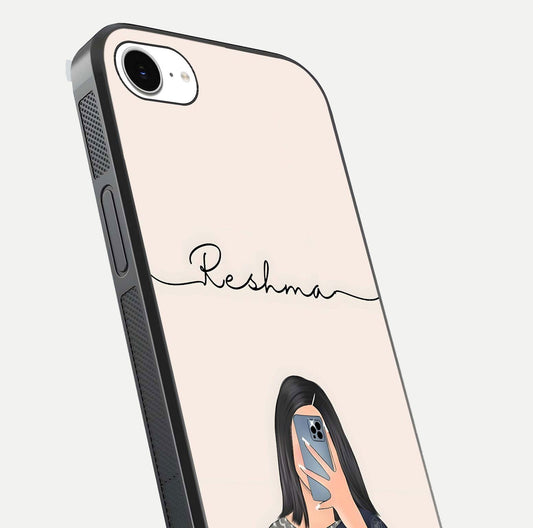 Mirror Mood Muse Custom Name Glass Case for iPhone 16e close-up angled shot highlighting gloss and mirror depth
