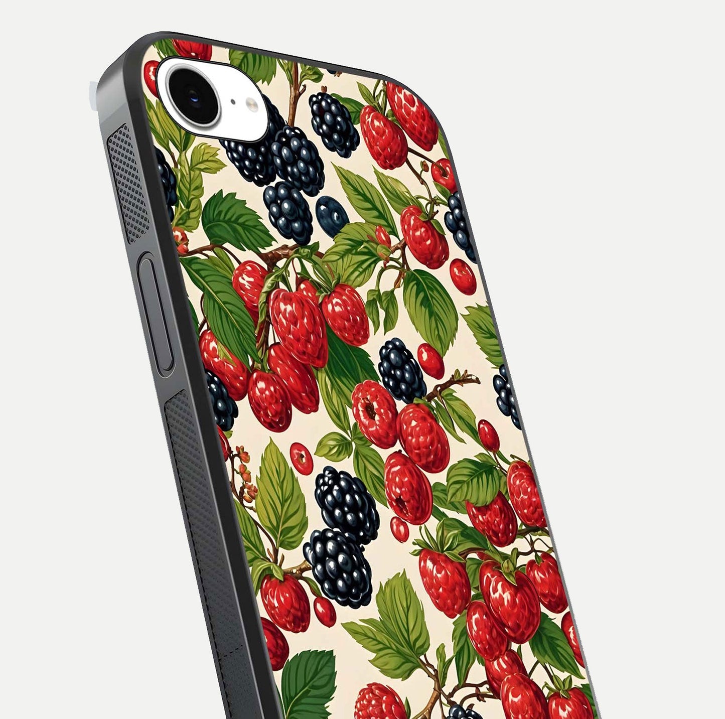 Mixed Berry Collage Glass Case for iPhone 16e close-up angled shot showing fruit detail and reflection glow
