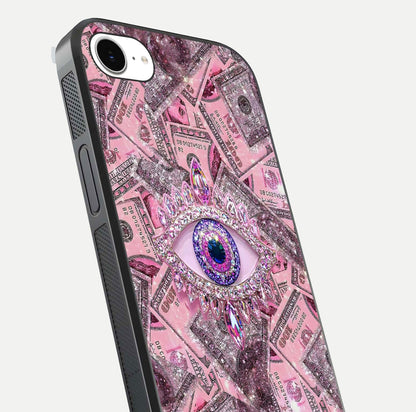 Money Eye Luxe Glass Case for iPhone 16e close-up angled shot showing gold detailing and reflection shine