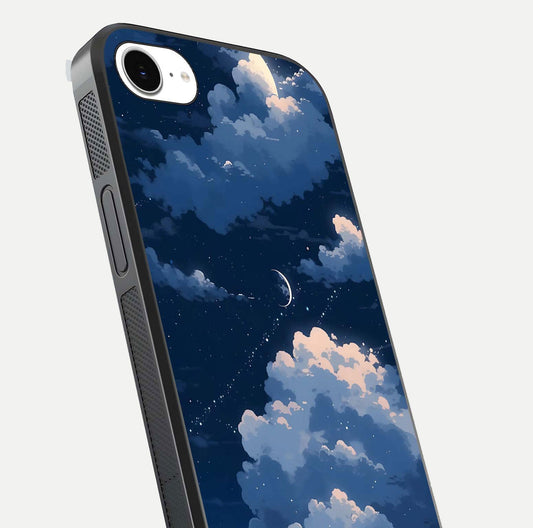 Moon Dream Haze Glass Case for iPhone 16e close-up angled shot showing moon reflection and subtle glow