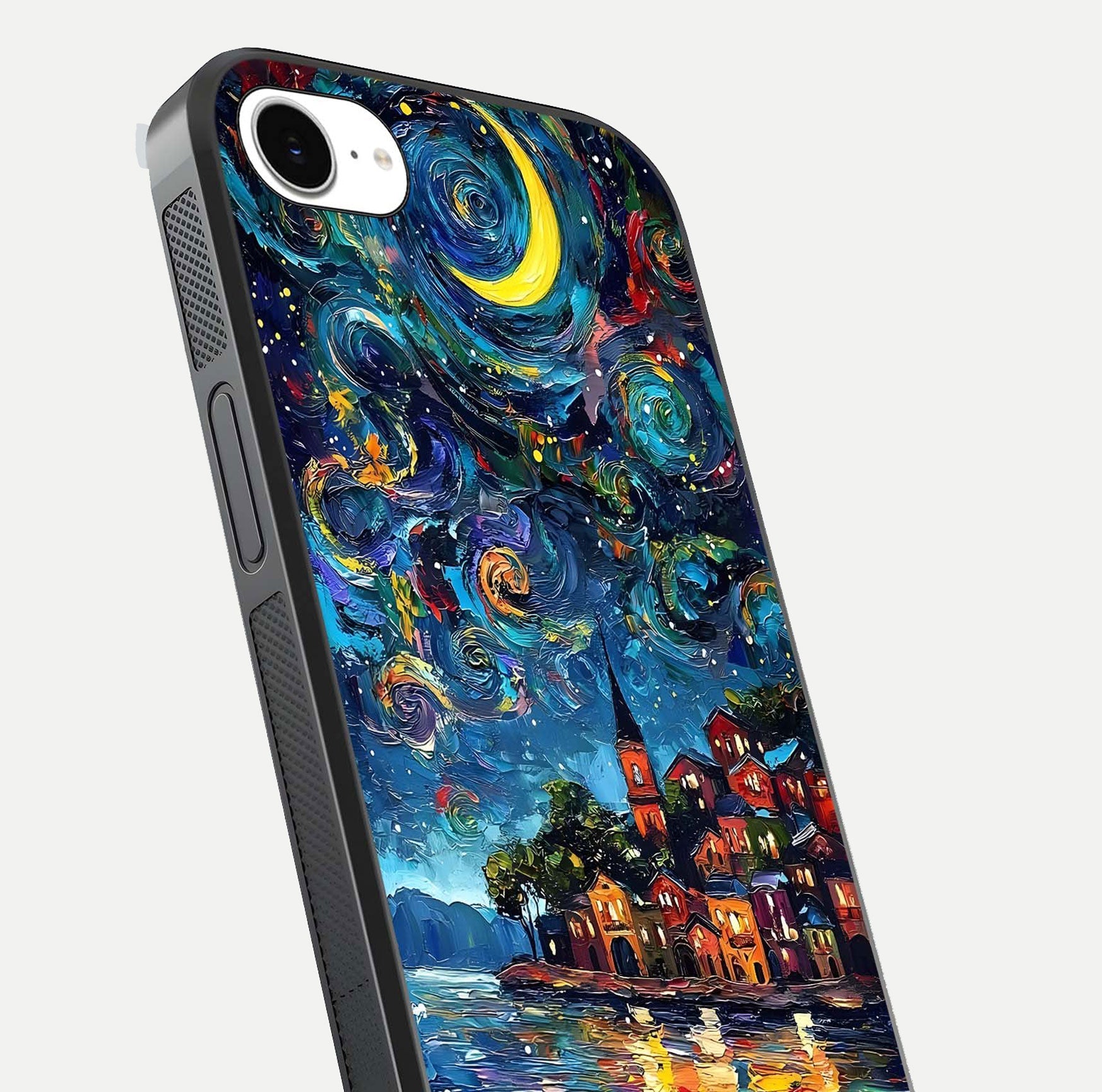 Moonlight Harbor Glow Glass Case for iPhone 16e close-up angled shot showing reflection and moonlight glow