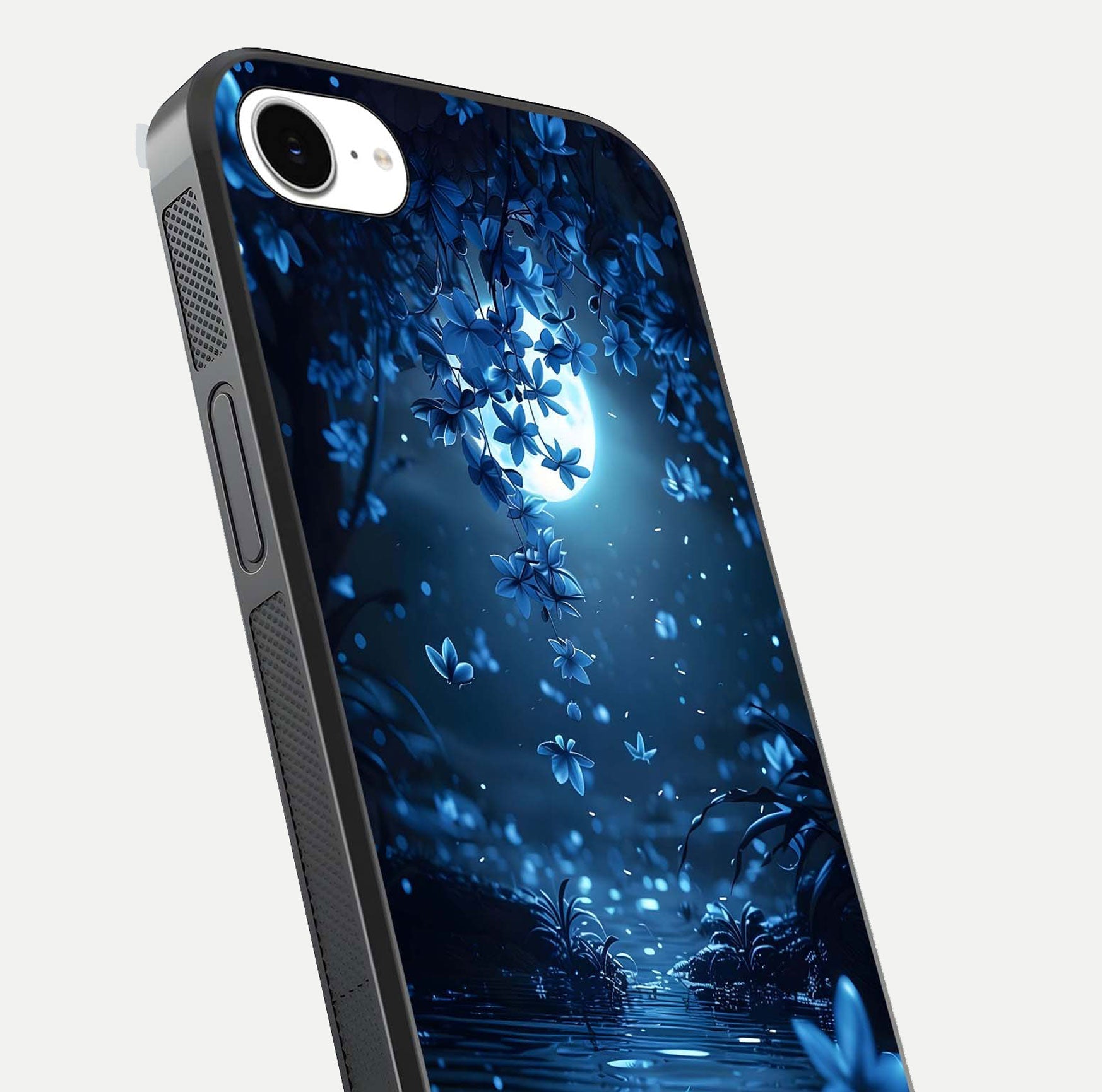 Moonlight Petal Dream Glass Case for iPhone 16e close-up angled shot showing petal reflection and glow texture