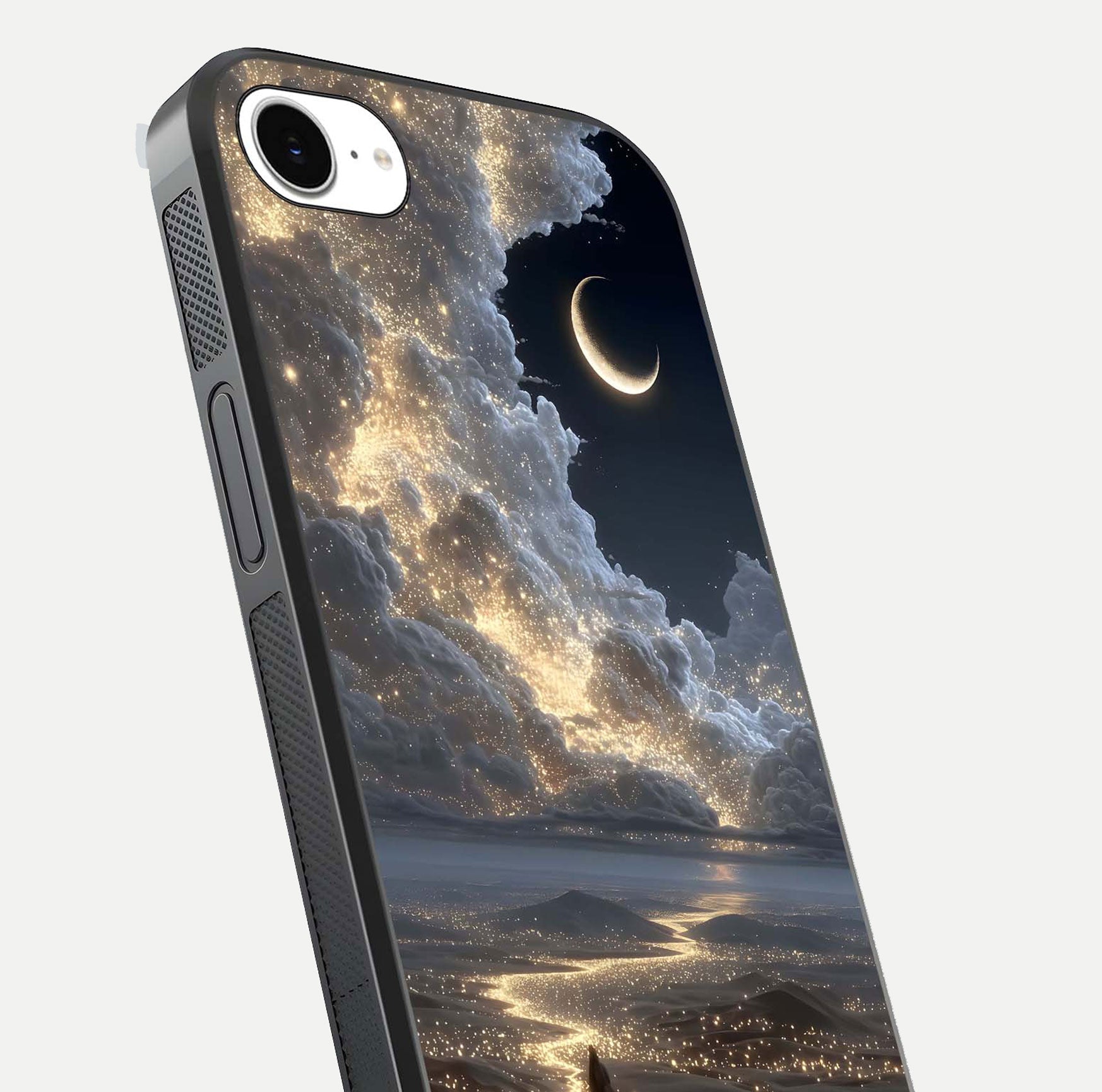 Moonlight Spark Path Glass Case for iPhone 16e close-up angled shot showing glowing stars and reflection