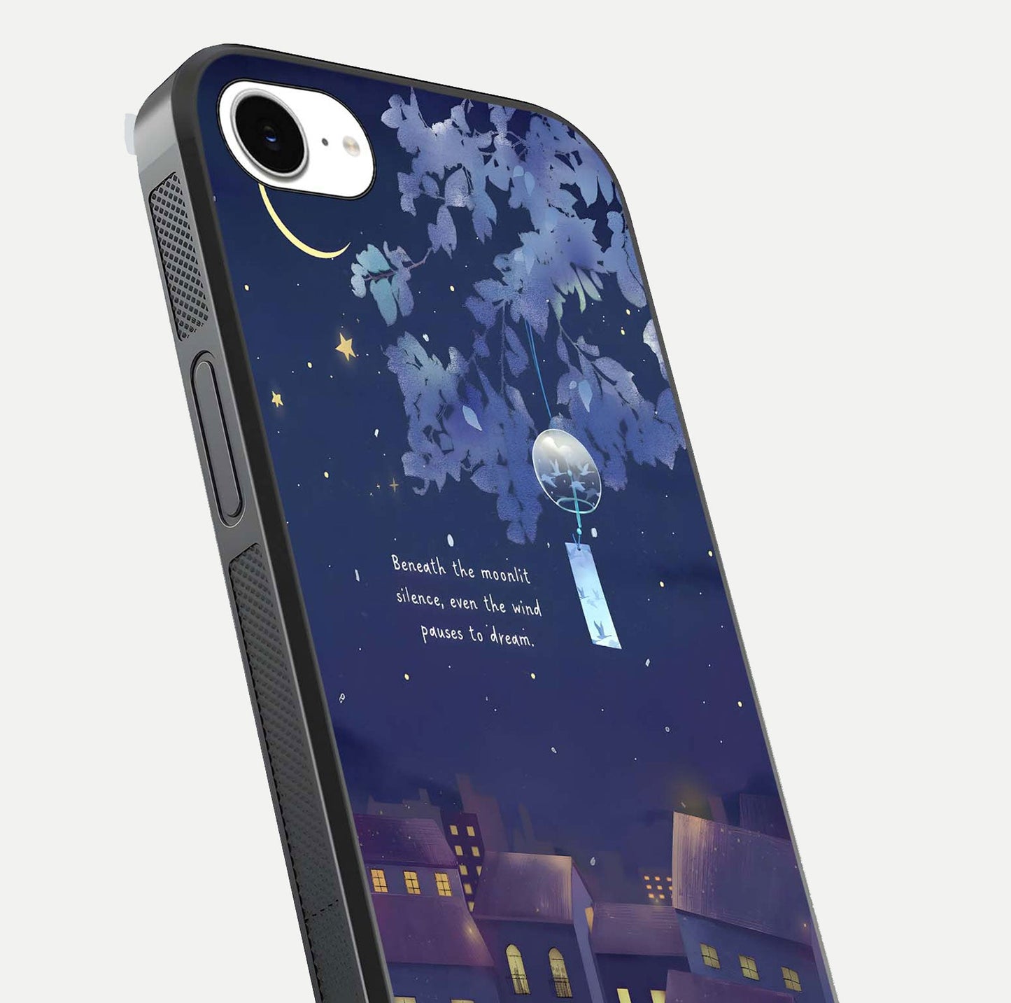 Moonlit Cat Silence Glass Case for iPhone 16e close-up angled shot showing soft glow and reflection texture