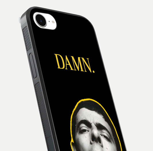 Mr Bean Damn Glass Case for iPhone 16e close-up angled shot highlighting comic expression and shine detail