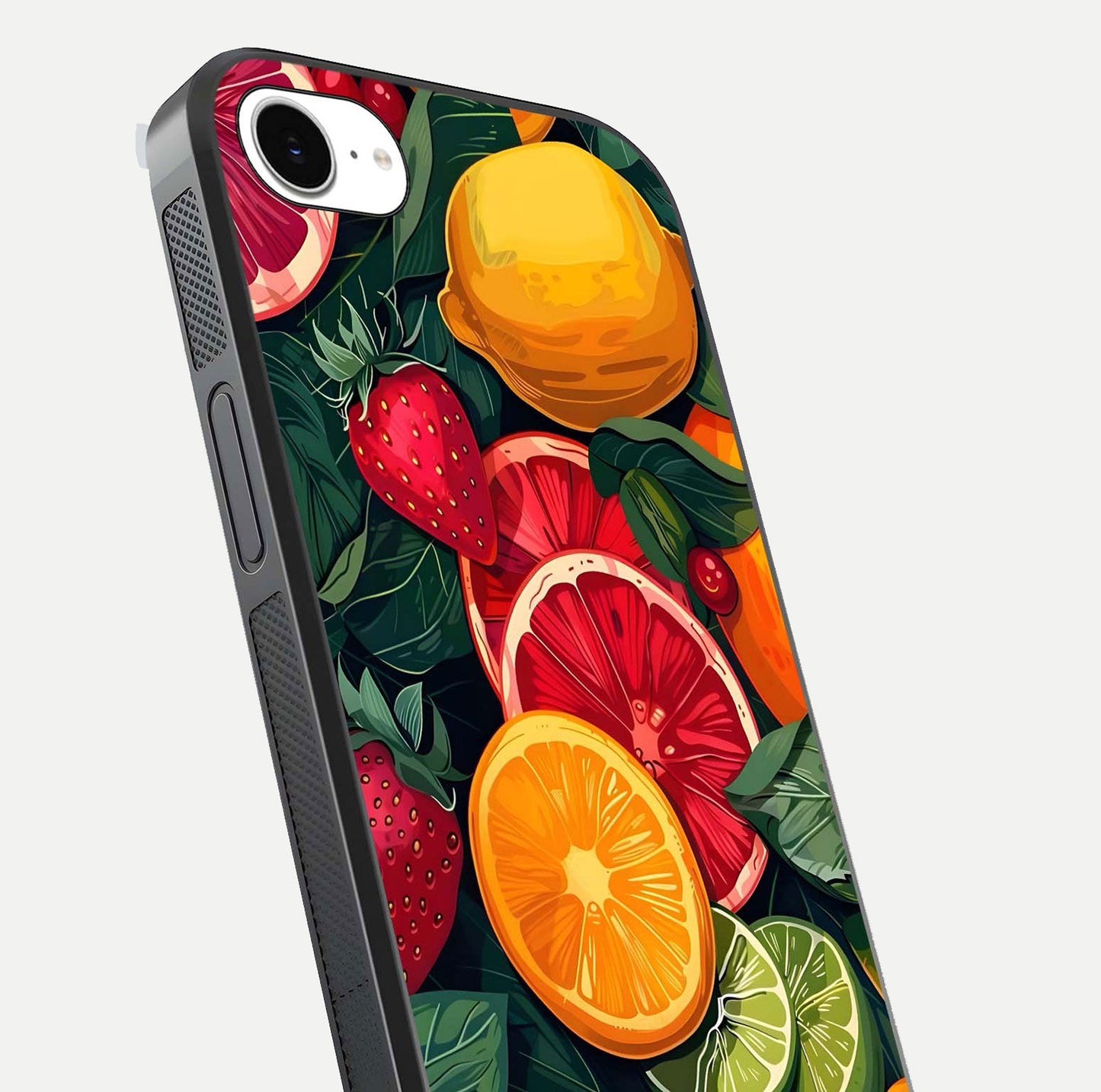 Multiple Fruits Glass Case for iPhone 16e close-up angled shot showing fruit texture and HD gloss shine