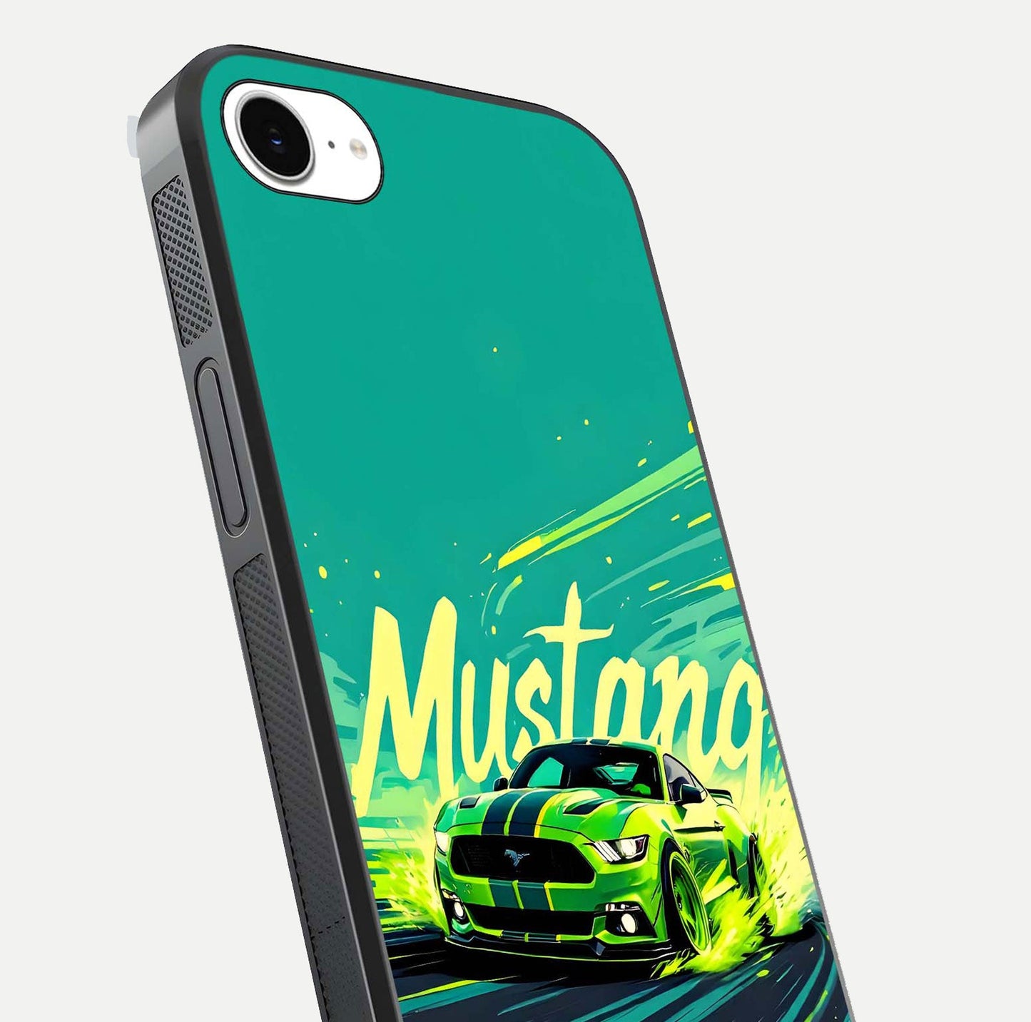 Mustang Bang Glass Case for iPhone 16e close-up angled shot showing car emblem and HD reflection