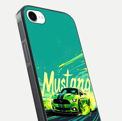 Mustang Bang Glass Case for iPhone 16e close-up angled shot showing car emblem and HD reflection