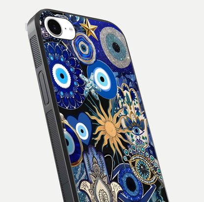 Mystic Blue Evil Eye Glass Case for iPhone 16e close-up angled shot highlighting mystical glow and HD reflection