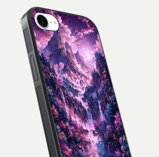Mystic Cascade Peaks Glass Case for iPhone 16e close-up angled shot showing peak reflections and color gradient