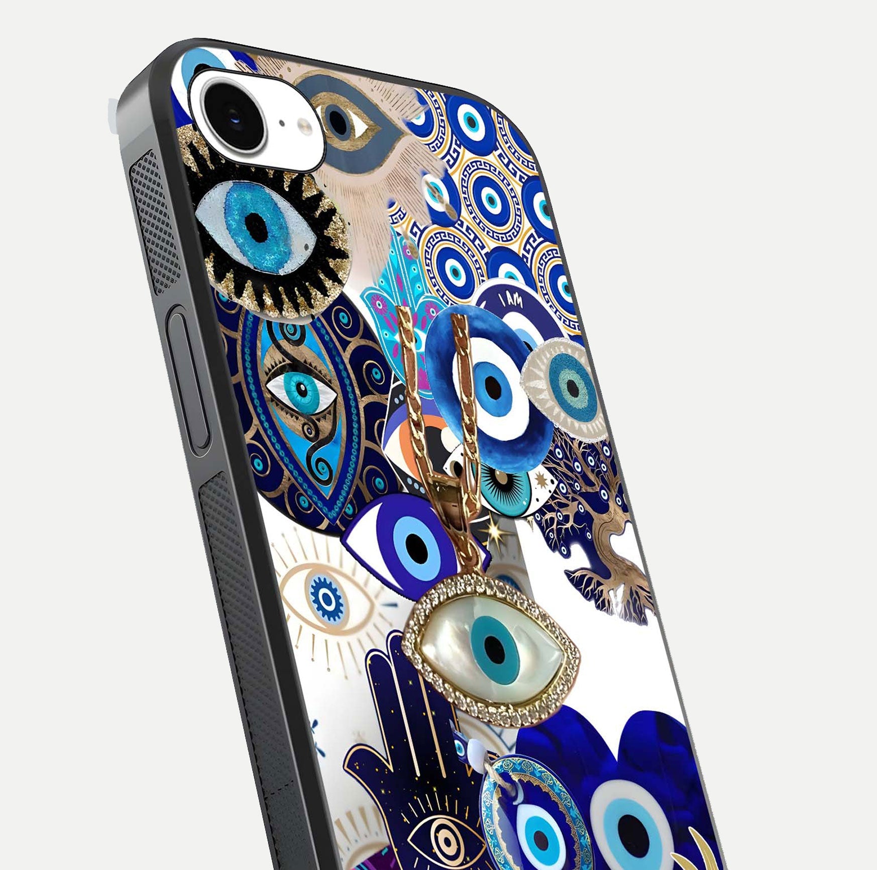 Mystic Charm Eye Glass Case for iPhone 16e close-up angled shot showing detailed eye art and reflection