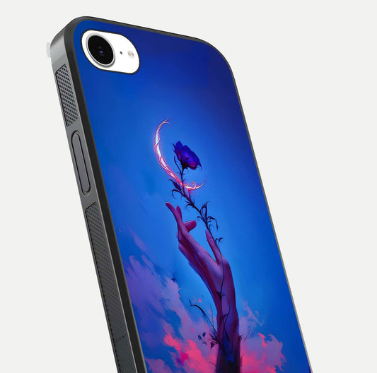 Mystic Hand Glass Case for iPhone 16e close-up angled shot showing spiritual markings and reflection