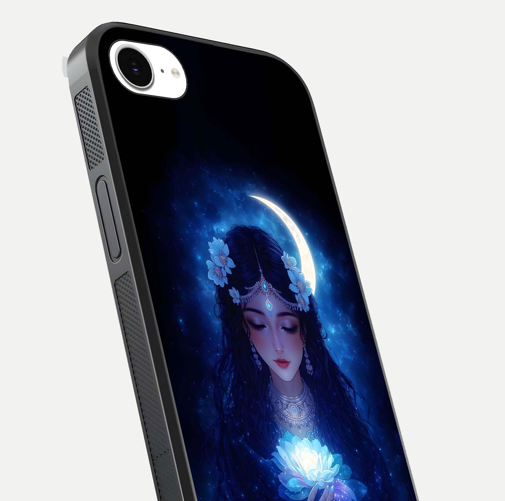 Mystic Moon Queen Glass Case for iPhone 16e close-up angled shot showing shine and lunar tones