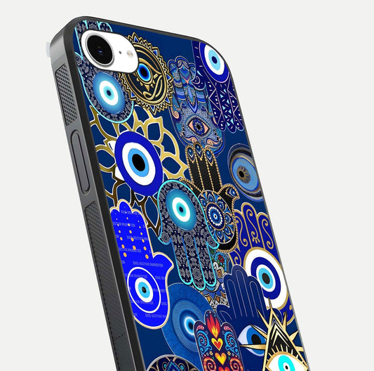 Mystic Palm Guard Glass Case for iPhone 16e close-up angled shot showing eye symbol and fine texture