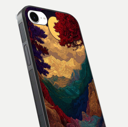 Mystic Valley Light Glass Case for iPhone 16e close-up angled shot highlighting gradient sky and reflection